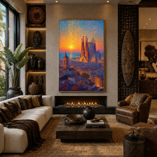 Poster Barcelona Sagrada Familia Pontilhismo Pôr do Sol A