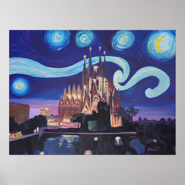 Poster Barcelona Sagrada Familia Starry noite (Frente)