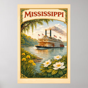 Poster Barco a Vapor do Rio Mississippi Vintage