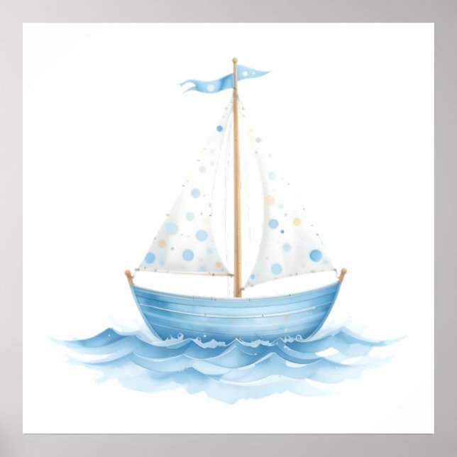Poster Barco à Vela Aquarela Azul e Branco – Bebê Náutico (Frente)