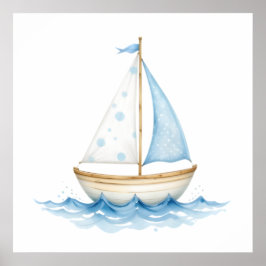 Poster Barco à Vela Aquarela Azul e Branco – R de Bebê Ná