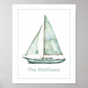 Poster Barco à Vela Azul Costeiro Personalizado em Aquare