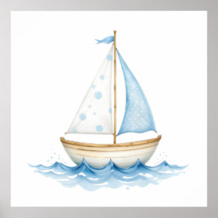 Poster Barco à Vela Azul e Branco em Aquarela – Bebê Náut