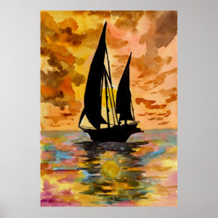 Poster Barco à Vela e Pôr do Sol no Oceano