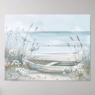 Poster barco branco estilo aquarela na praia