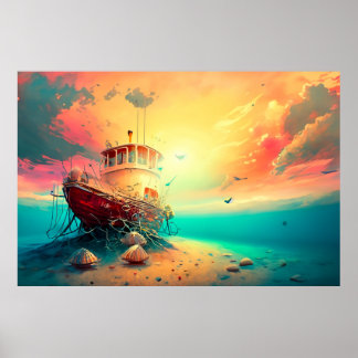 Poster Barco de Camarão no Sunset