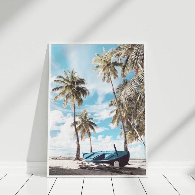 Poster Barco de Palmeiras de Praia Costeira (Coastal Beach Palm Trees Boat Poster in white frame standing on white wooden floor.)