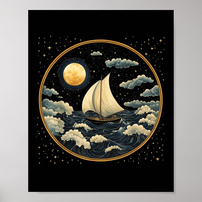 Poster Barco de Vela Estética Celestial Arte Deco Oceano  (Frente)