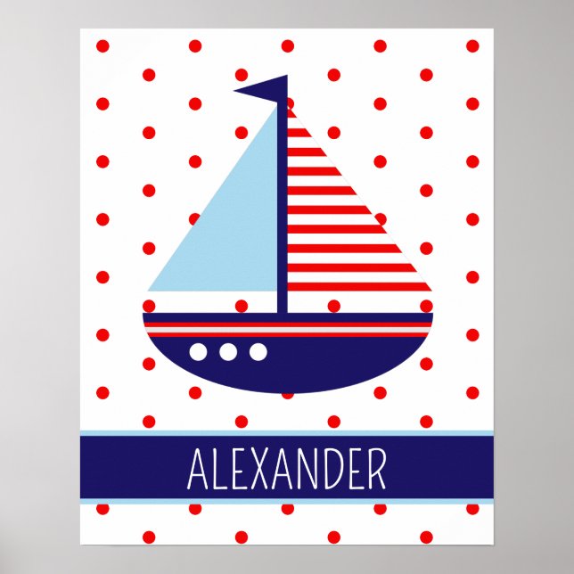 Poster Barco de Vela Vermelho, Branco e Azul Personalizad (Frente)