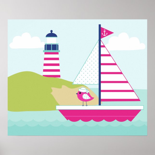 Poster Barco e Farol, cor-de-rosa, (Frente)