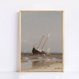 Poster Barco Encalhado, Arte de Parede Vintage, Paisagem 