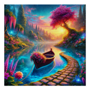 Pôster Barco Floral Encantado em Serene Waters Fantasy