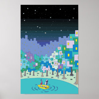 Poster Barco flutuando no lago e um céu estrelado.