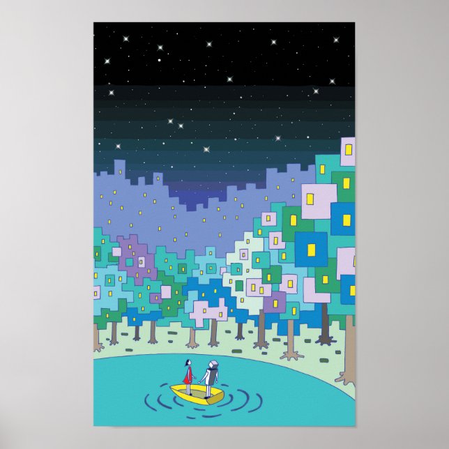 Poster Barco flutuando no lago e um céu estrelado. (Frente)