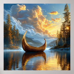 Poster Barco Inspirado no Viking Dourado Reposando no Lag