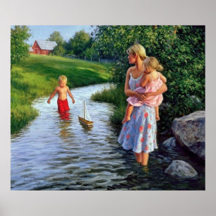 Pôster barco na trabalho de arte do rio