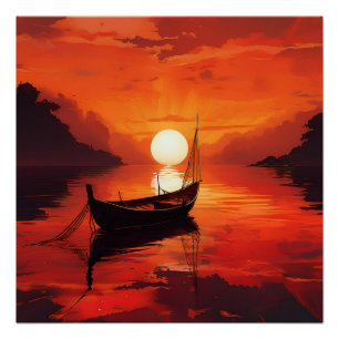 Pôster Barco Tranquilo em Fiery Sunset - Arte Natural Ser