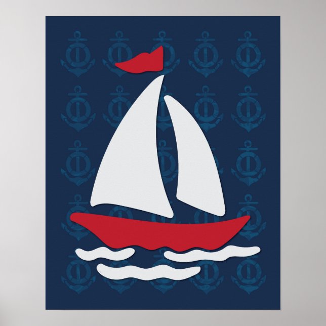 Poster Barco-vela - Arte náutica vermelha, branca e azul (Frente)