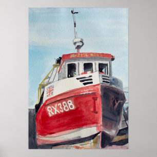 Poster Barco Vermelho Aquarela Costeira