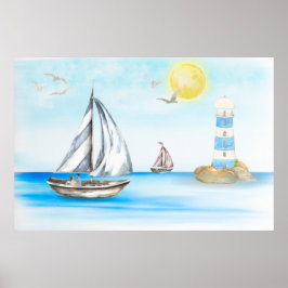 Poster Barcos à vela num oceano azul