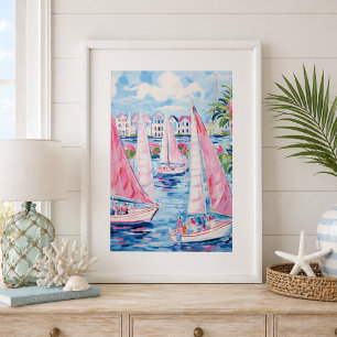 Poster Barcos à Vela Rosa Aquarela Parede Tropical Costei
