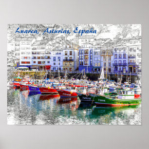 Poster Barcos de pesca coloridos em Luarca, Astúrias, Es