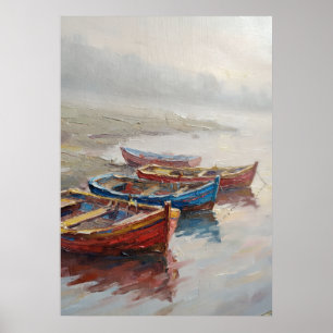 Poster Barcos de Pesca Coloridos Nevoeiroiro na Costa Pin