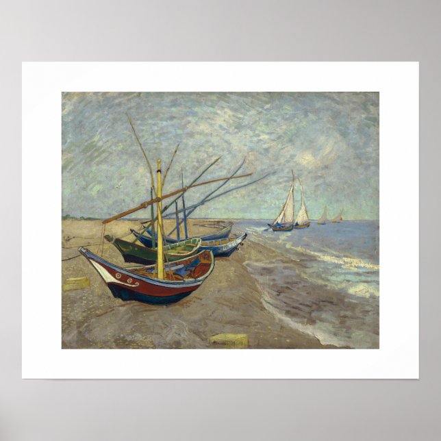 Poster Barcos de pesca na praia em Saintes-Maries -1888 (Frente)