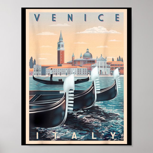 Poster Barcos Gondola Retro Com a Silhueta de Veneza Itál (Frente)