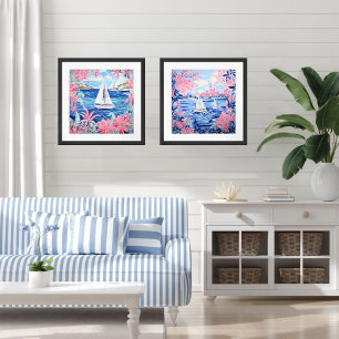 Poster Barcos Marinhos Brancos Azuis, Rosa, Praça Floral 