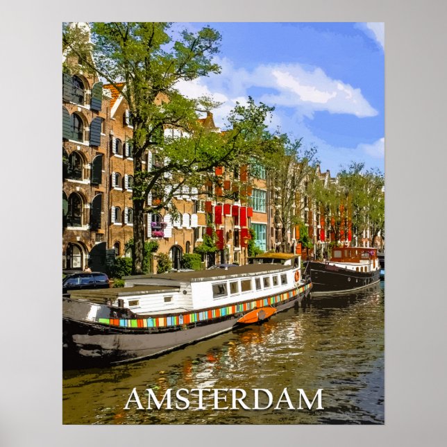Poster Barcos no Canal na Viagens vintage de Amsterdã (Frente)