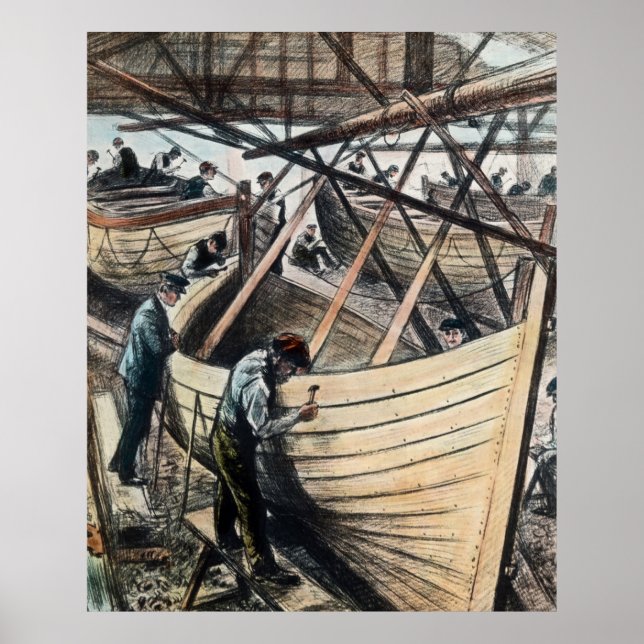 Pôster Barcos salva-vidas Titanic RMS sendo construídos e (Frente)