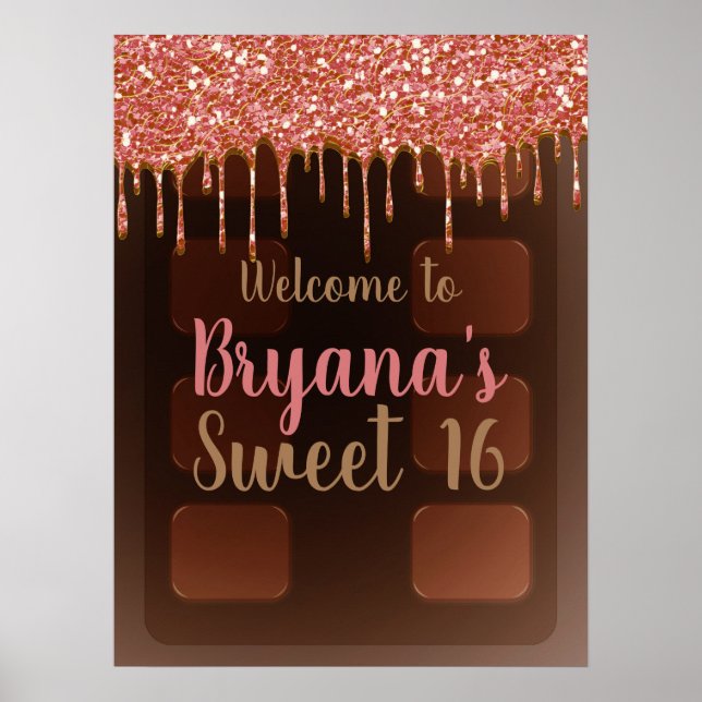 Poster Barra de Chocolate com Brilho Rosa e Gotas de Choc (Frente)