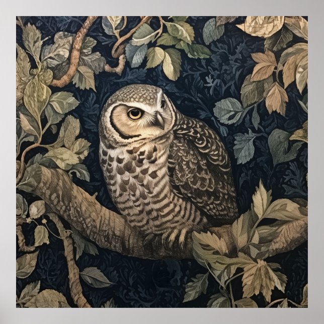 Poster Barred Owl em uma Floresta Noturna William Morris  (Frente)