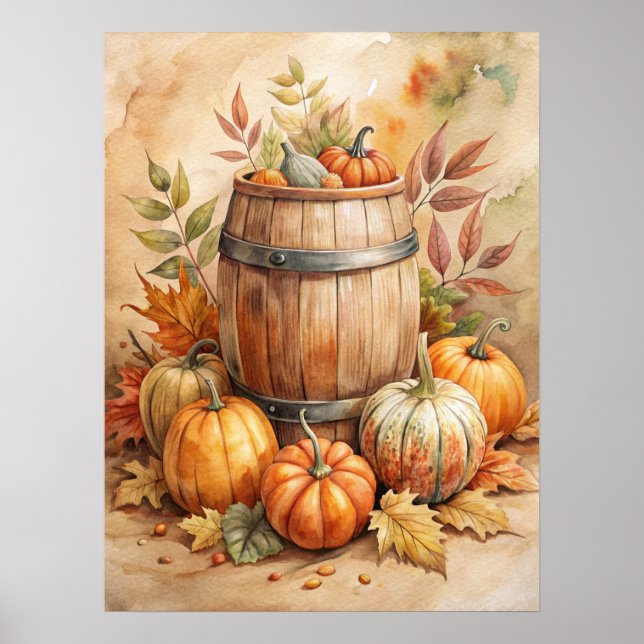 Poster Barrica de Aquarela com Abóboras de Outono (Frente)