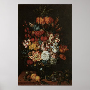 Pôster Barroco Antigo, Natureza-Morta Floral Flores em Va