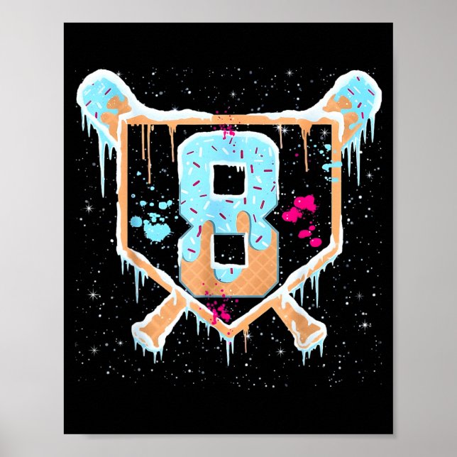 Poster Baseball 8 Year Old Ice Cream Drip 8th Birthday Bo (Frente)