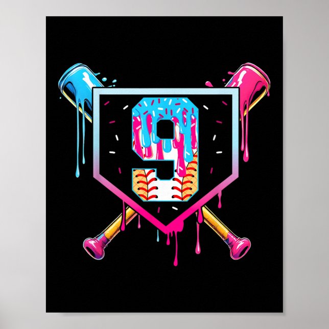 Poster Baseball 9 Year Old Ice Cream Drip 9th Birthday Bo (Frente)