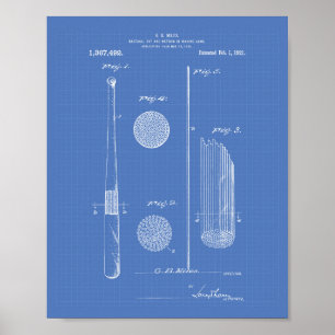 Pôster Baseball Bat 1921 Patent Art - Blueprint
