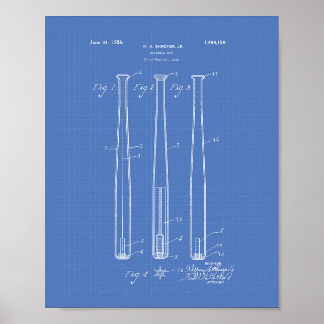 Poster Baseball Bat 1924 Patent Art - Blueprint (Frente)