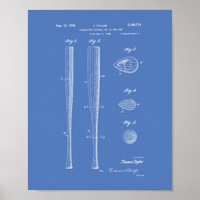 Pôster Baseball Bat 1939 Patent Art - Blueprint (Frente)