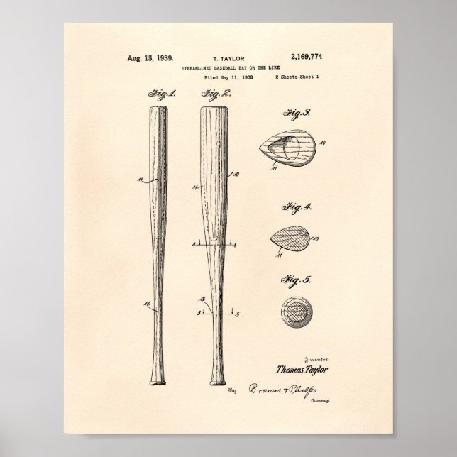 Pôster Baseball Bat 1939 Patent Art - Old Peper (Frente)
