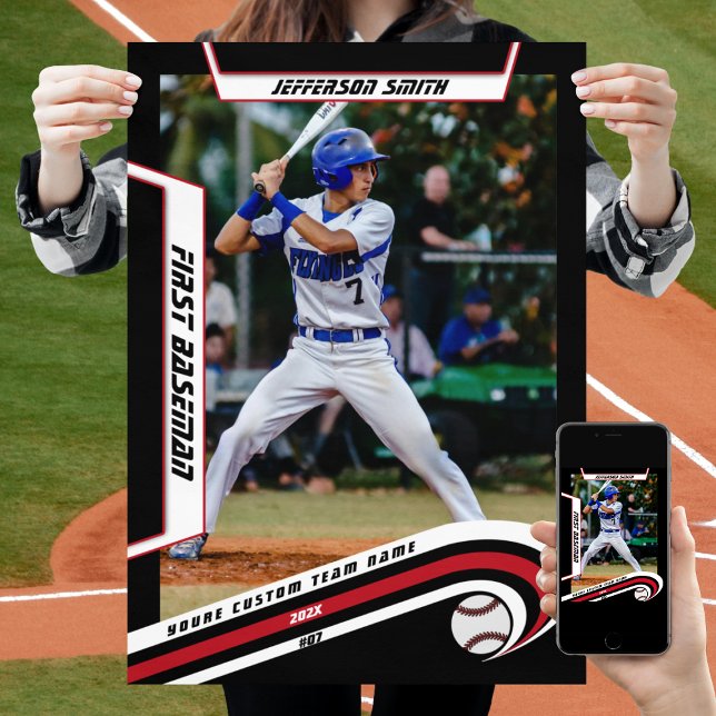 Poster Baseball Keepsakes no Lively Red Black Custom (Baseball Player Poster in Black and Red with Custom Team Name and dynamic White Elements)