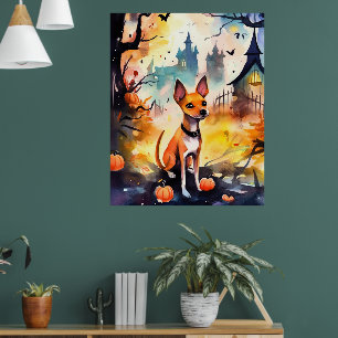 Poster Basenji de Halloween com Abóboras Assustador 