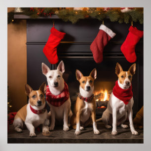 Poster Basenji em frente à Lareira Natal