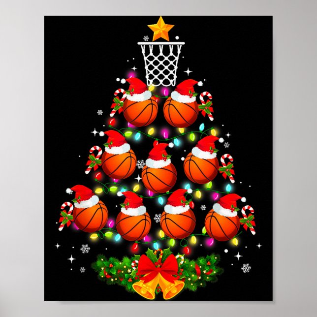 Poster Basketball Christmas Tree Lights Red Santa Hat Xma (Frente)