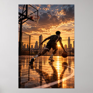 Poster Basquete Urbano com Drible ao Pôr do Sol – Silhuet