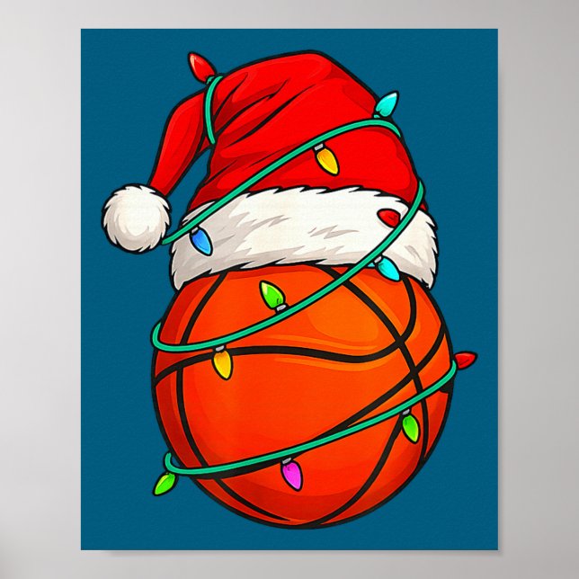 Poster Basquetebol Com Chapéu de Papai Noel Natal Engraça (Frente)