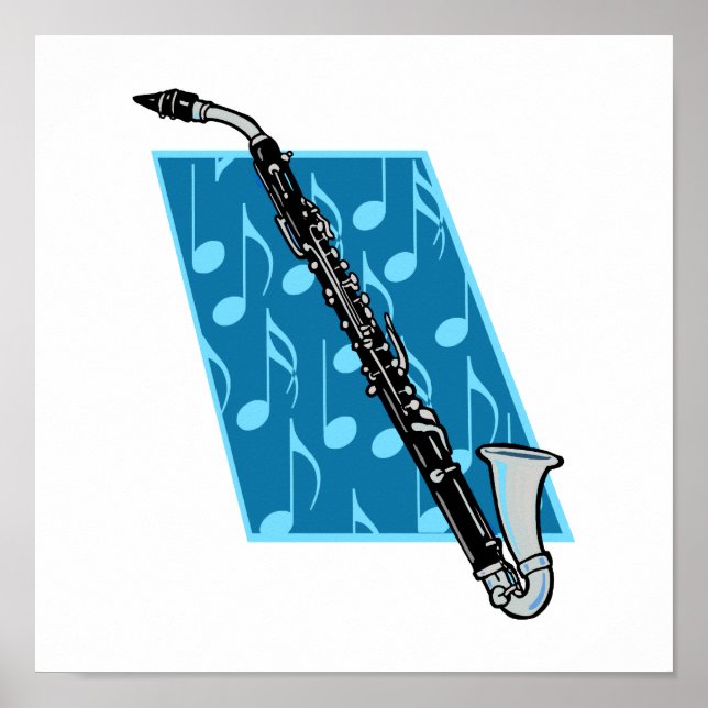Pôster Bass Clarinet com Fundo Azul e Notas de Música (Frente)