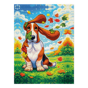 Pôster Basset Hound Brincalhão Folhas de Outono Cartoon